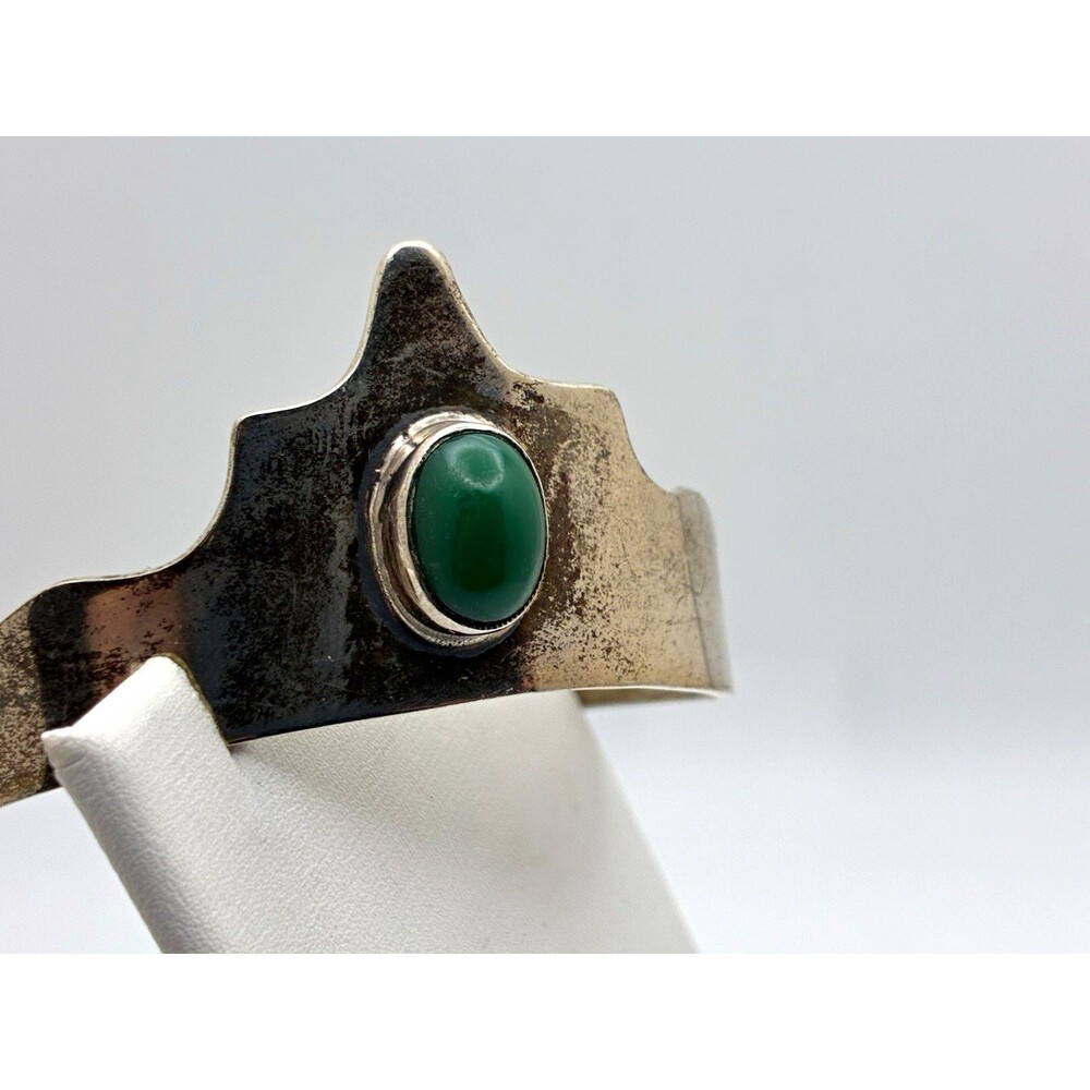 VTG Taxco Mexico TF-01 925 Sterling Silver Green Stone Cuff Bracelet 24g Sz 6.5